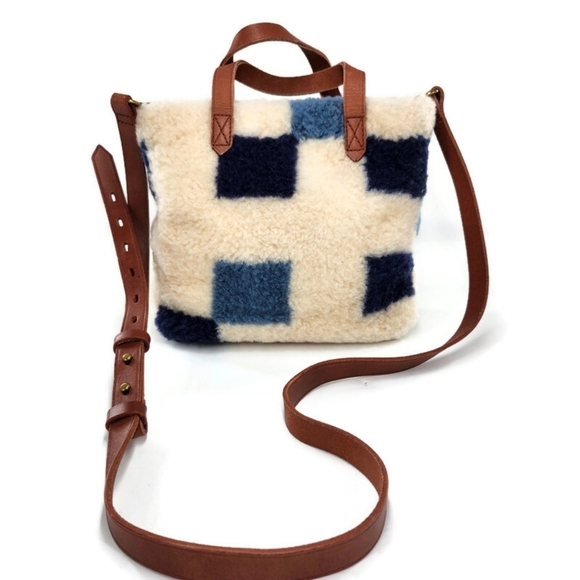 Madewell Transport White & Blue   Checkered Sherpa Small Satchel Crossbody Bag - Picture 3 of 14